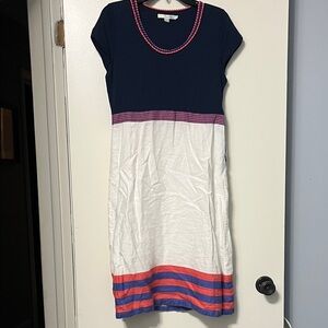 Boden Navy and White Midi Dress with Pink and Purple Accents